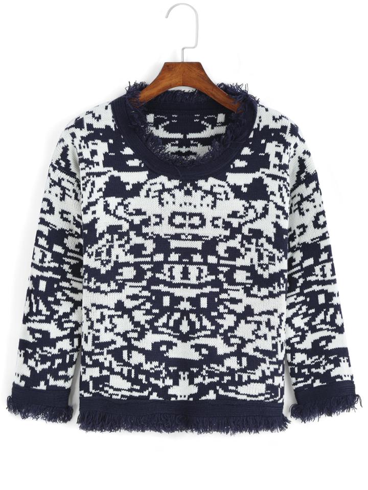 Romwe Graphic Print Fuzzy Blue Sweater