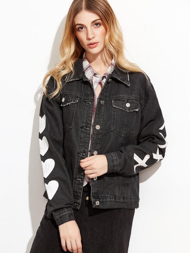 Romwe Black Sleeve Print Denim Jacket
