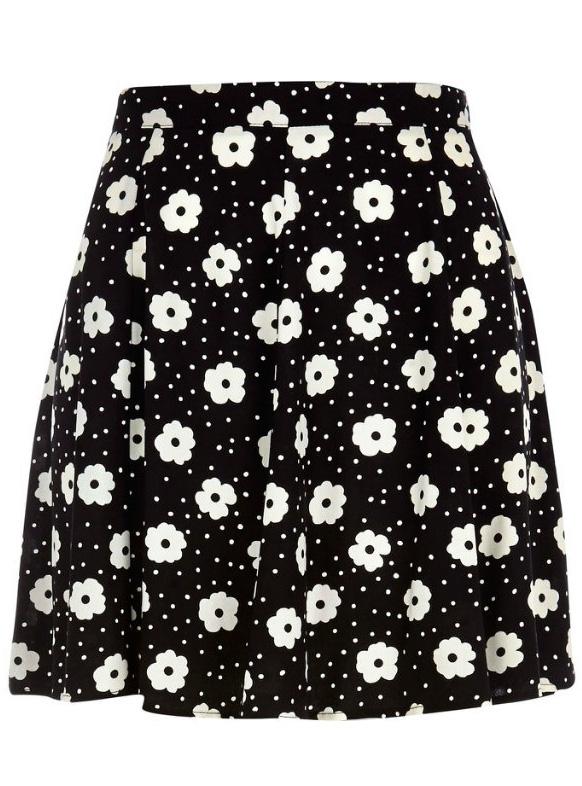 Romwe Polka Dot Floral Pleated Black Skirt
