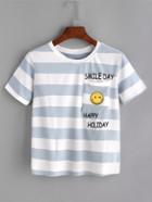 Romwe Contrast Striped Letter And Smiley Face Print T-shirt