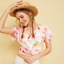 Romwe Tie Dye Twist Hem Ruffle Cuff Tee