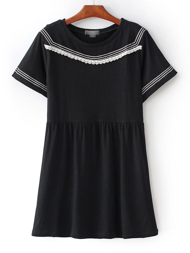 Romwe Black Stripe Trim Crochet Shift Dress
