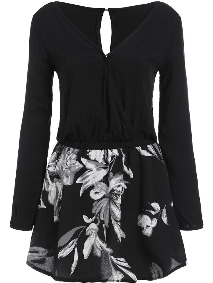 Romwe V Neck Flower Print Black Dress