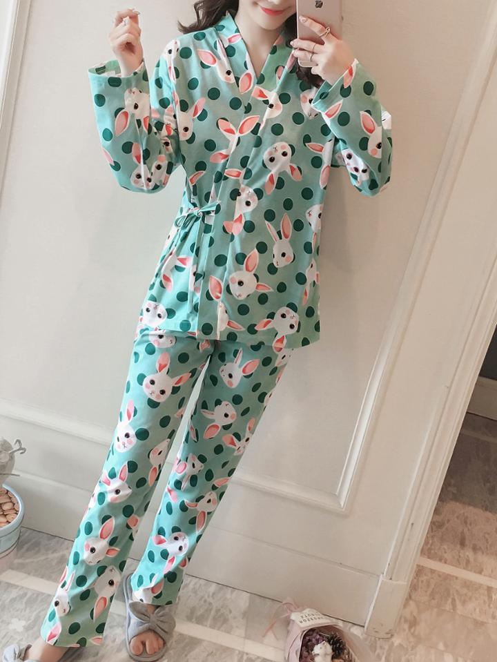 Romwe Rabbit Print Spot Wrap Top & Pants Pj Set