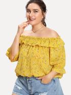 Romwe Off Shoulder Calico Print Ruffle Blouse