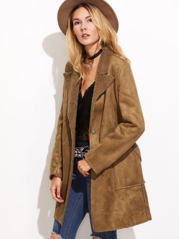 Romwe Camel Covered Button Pockets Suede Coat