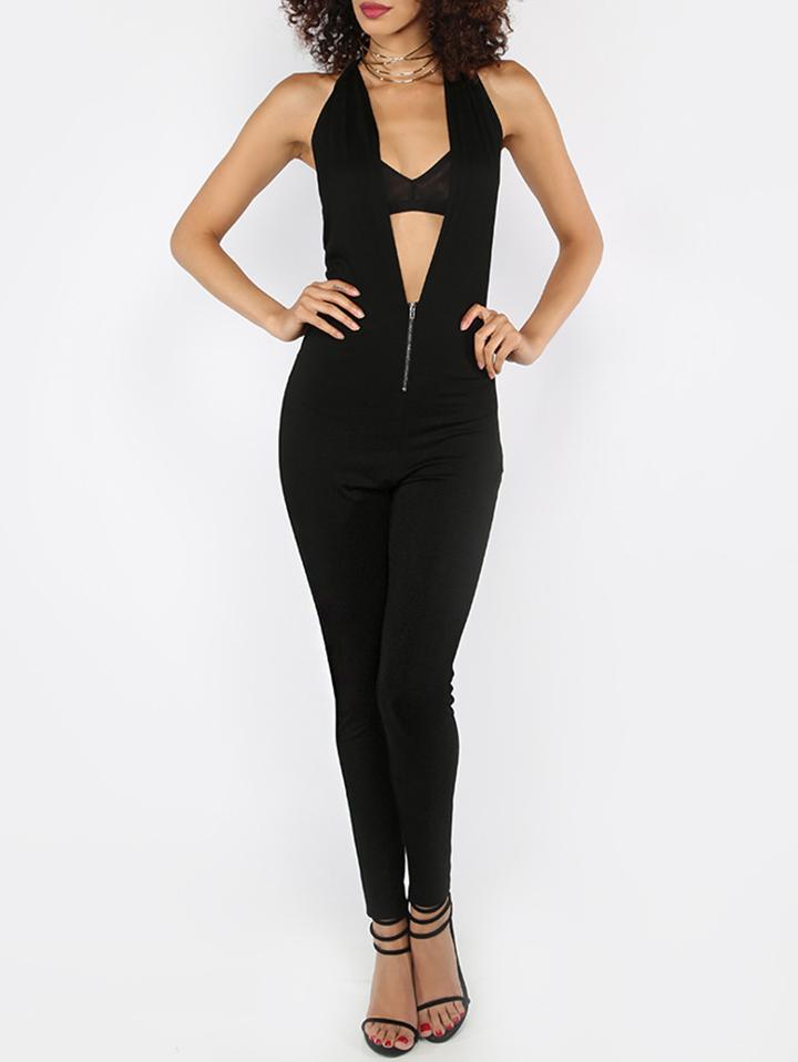 Romwe Black Sleeveless Deep V Neck Zipper Jumpsuit