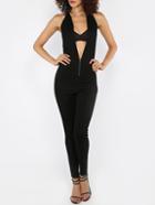 Romwe Black Sleeveless Deep V Neck Zipper Jumpsuit