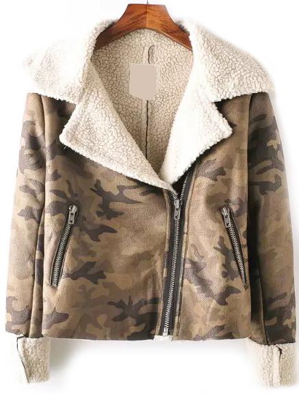 Romwe Lapel Zipper Camouflage Khaki Jacket