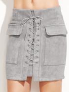 Romwe Light Grey Suede Lace Up Front Pockets Bodycon Skirt