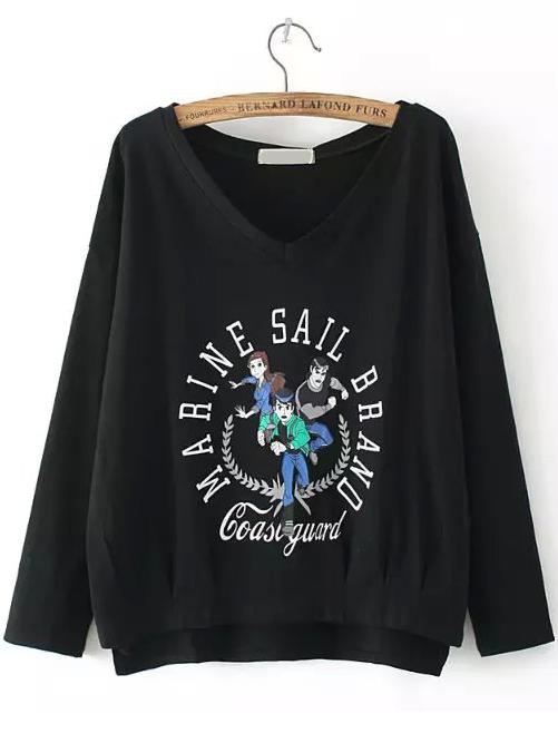 Romwe V Neck Dip Hem Cartoon Print Black T-shirt