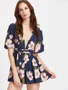 Romwe Plunge Neck Flutter Sleeve Tie Waist Box Pleated Playsuit