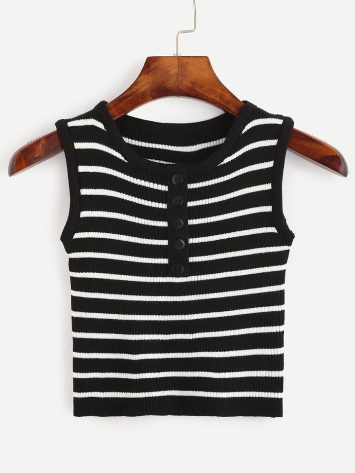 Romwe Black Striped Button Front Ribbed Knit Top