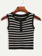 Romwe Black Striped Button Front Ribbed Knit Top