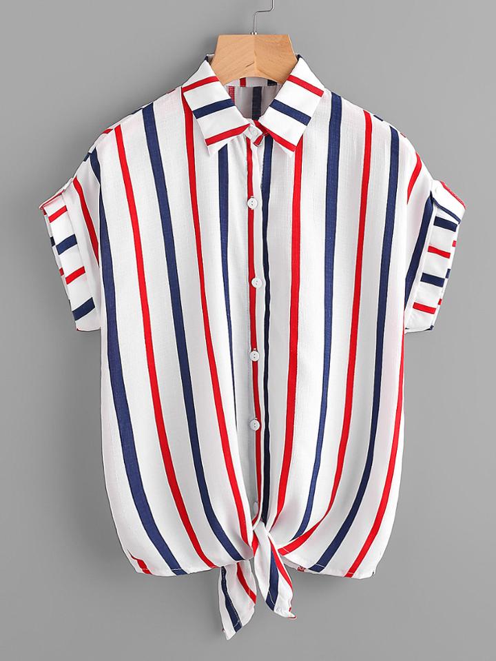 Romwe Vertical Striped Knot Front Shirt