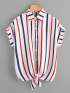 Romwe Vertical Striped Knot Front Shirt
