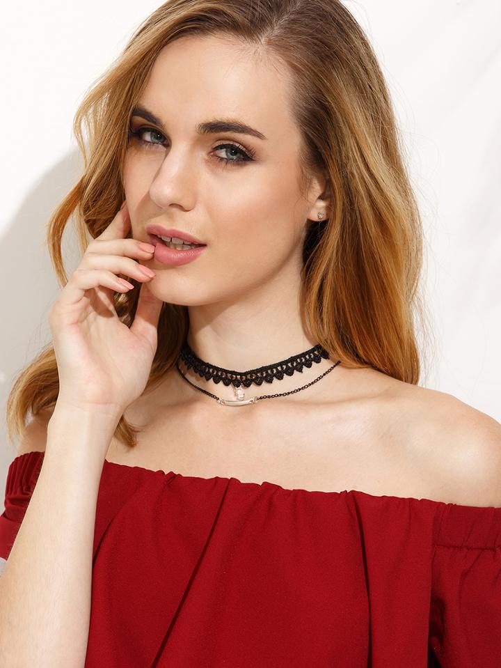 Romwe Black Lace Zircon Choker With Metal Chain