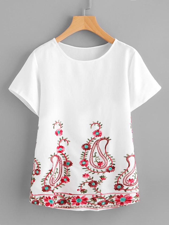 Romwe Paisley Embroidery Short Sleeve Top