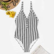 Romwe Striped Button-up Low Back One Piece Swimsuit