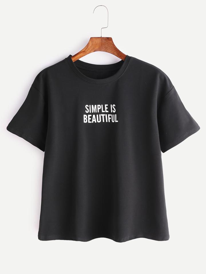 Romwe Black Letter Print Casual T-shirt