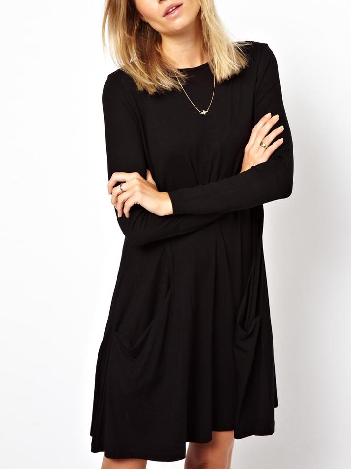 Romwe Black Long Sleeve Pockets Designers Casual Dress