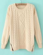 Romwe Cable Knit Zip Embellished Beige Sweater