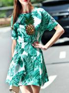 Romwe Green Leaves Print Pineapple Beading Dress