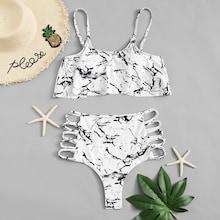 Romwe Ladder Cut Out Marble Print Flounce Bikini Set