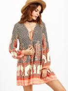 Romwe Tribal Print Deep V Neck Lace Up Dress