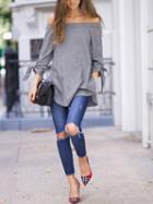 Romwe Grey Long Sleeve Off The Shoulder Knotted Blouse