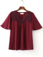 Romwe Burgundy Contrast Lace Bell Sleeve Blouse