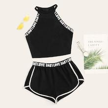Romwe Lettering Detail Tape Top & Dolphin Shorts Set