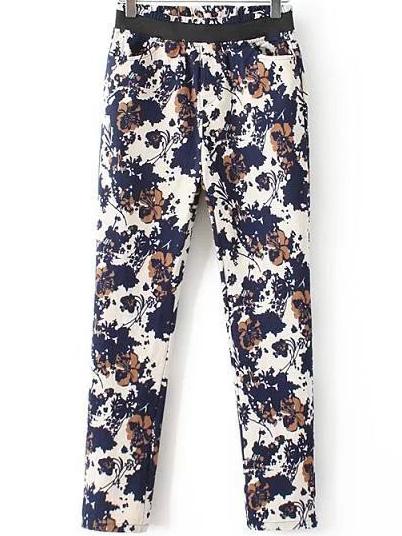 Romwe Elastic Waist Ink Flower Print Blue Pant