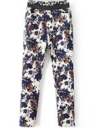 Romwe Elastic Waist Ink Flower Print Blue Pant