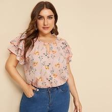 Romwe Plus Choker Neck Layered Ruffle Sleeve Botanical Top
