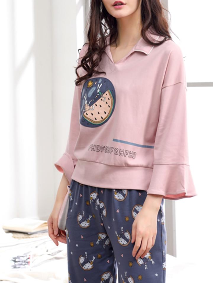 Romwe Flounce Sleeve Cartoon Print Pullover & Pants Pj Set