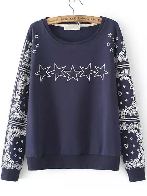 Romwe Navy Round Neck Totem Stars Print Sweatshirt