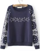Romwe Navy Round Neck Totem Stars Print Sweatshirt