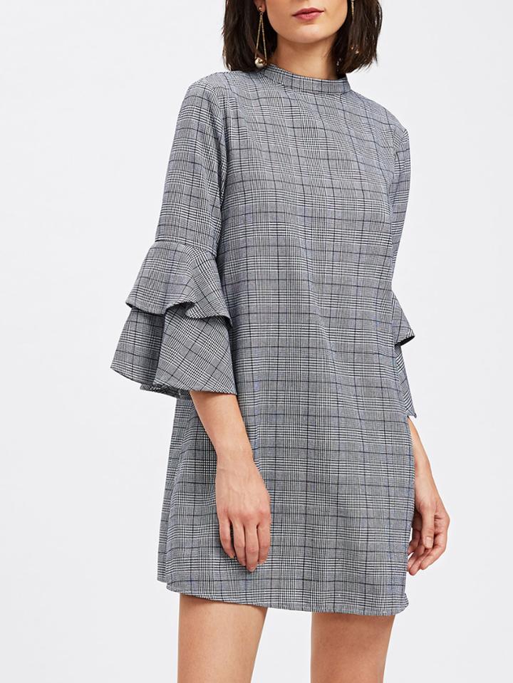 Romwe Keyhole Back Layered Bell Sleeve Check Dress