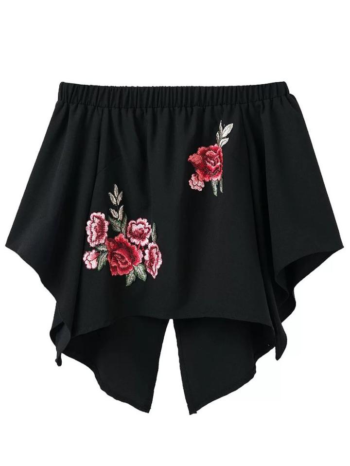 Romwe Black Flower Embroidered Off The Shoulder Slit Back Top