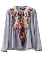 Romwe Blue Vertical Striped Embroidery Tie Blouse