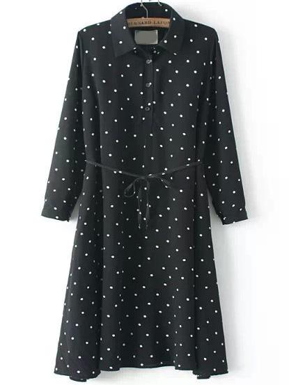 Romwe Lapel Polka Dot Self-tie Shirt Dress