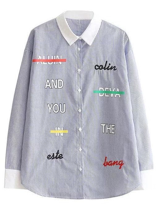 Romwe Blue Vertical Striped Letter Print Contrast Collar Blouse