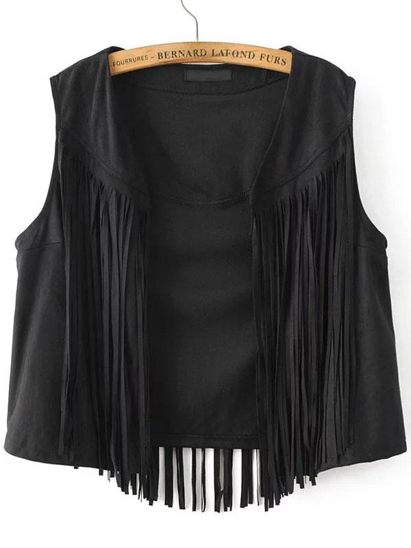 Romwe Black Fringe Overlay Suede Vest