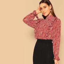 Romwe Ruffle Detail Mock-neck Flower Top
