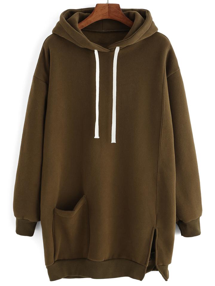 Romwe Hoooded Drawstring Split Sweatshirt Dress With Pocket