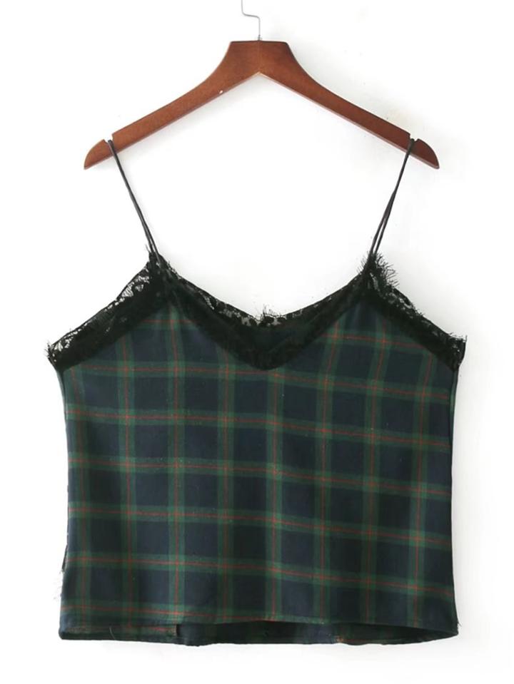 Romwe Lace Trim Plaid Cami Top