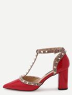 Romwe Red Pointed Out T-strap Studded Chunky Pumps