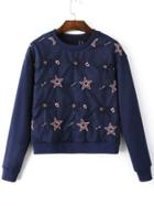 Romwe Stars Embroidered Navy Sweatshirt