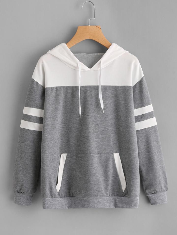 Romwe Contrast Panel Varsity Striped Marled Hoodie
